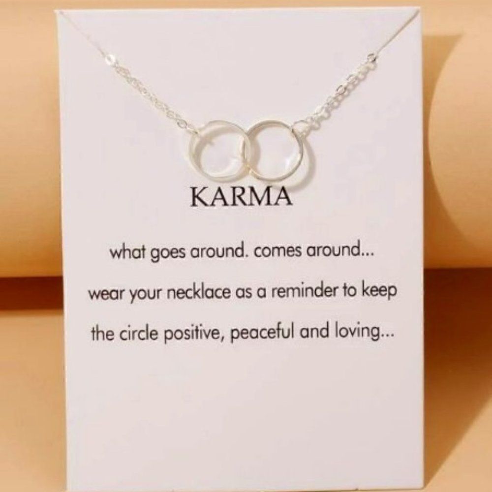KARMA INTERLOCKING CIRCLE PENDANT NECKLACE WITH INSPIRATIONAL CARD